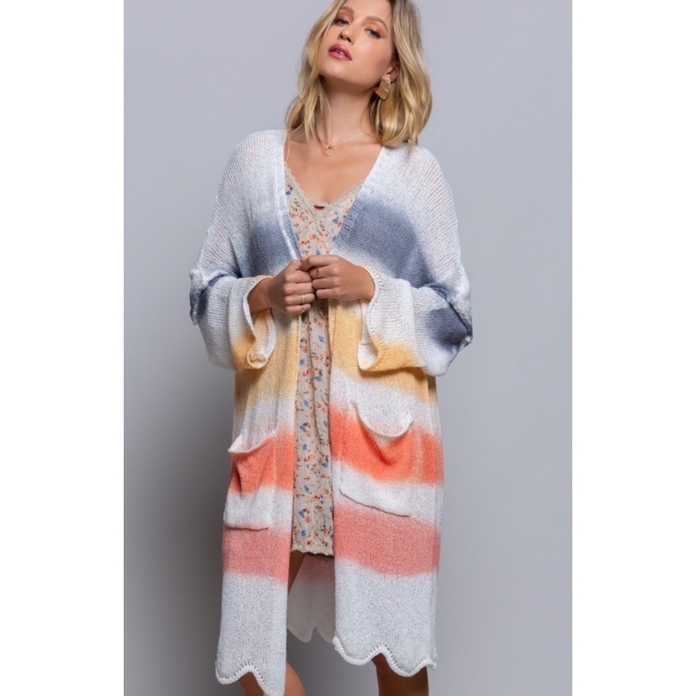 POL Off White Multi Stripe LightweightTransitional Knit Midi Cardigan - Picture 2 of 5